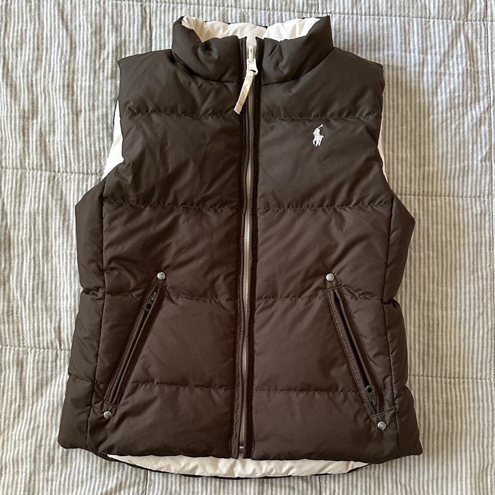 Ralph Lauren Brown and cream reversible Quilted Down Puffer Vest with White Logo